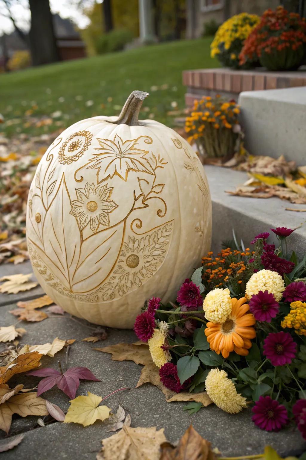 A floral pumpkin adds elegance to any fall decor.