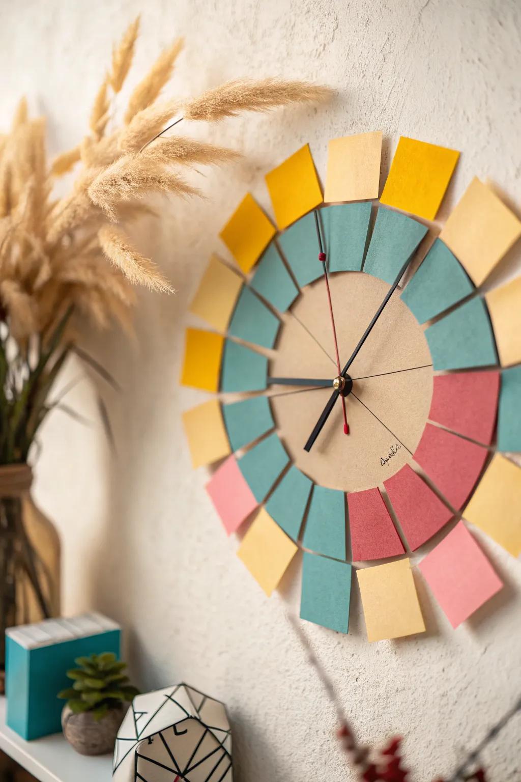 Transform your space with a colorful sticky note clock, where time meets creativity and style.