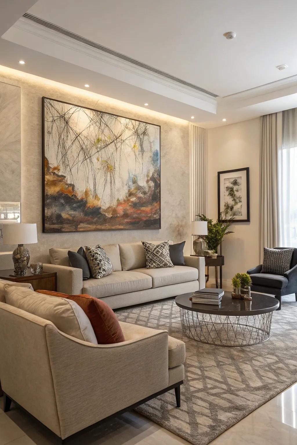 A striking oversized painting becomes the centerpiece of this modern living room.