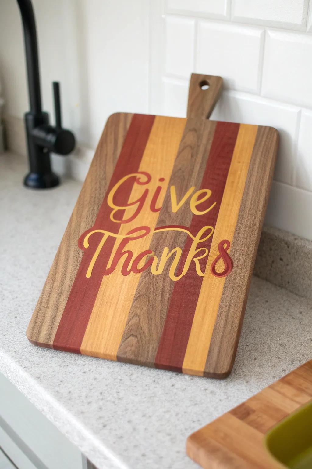 Add a touch of holiday cheer to your kitchen with a handcrafted cutting board featuring vibrant vinyl designs. #CraftedBeauty #HolidayCheer
