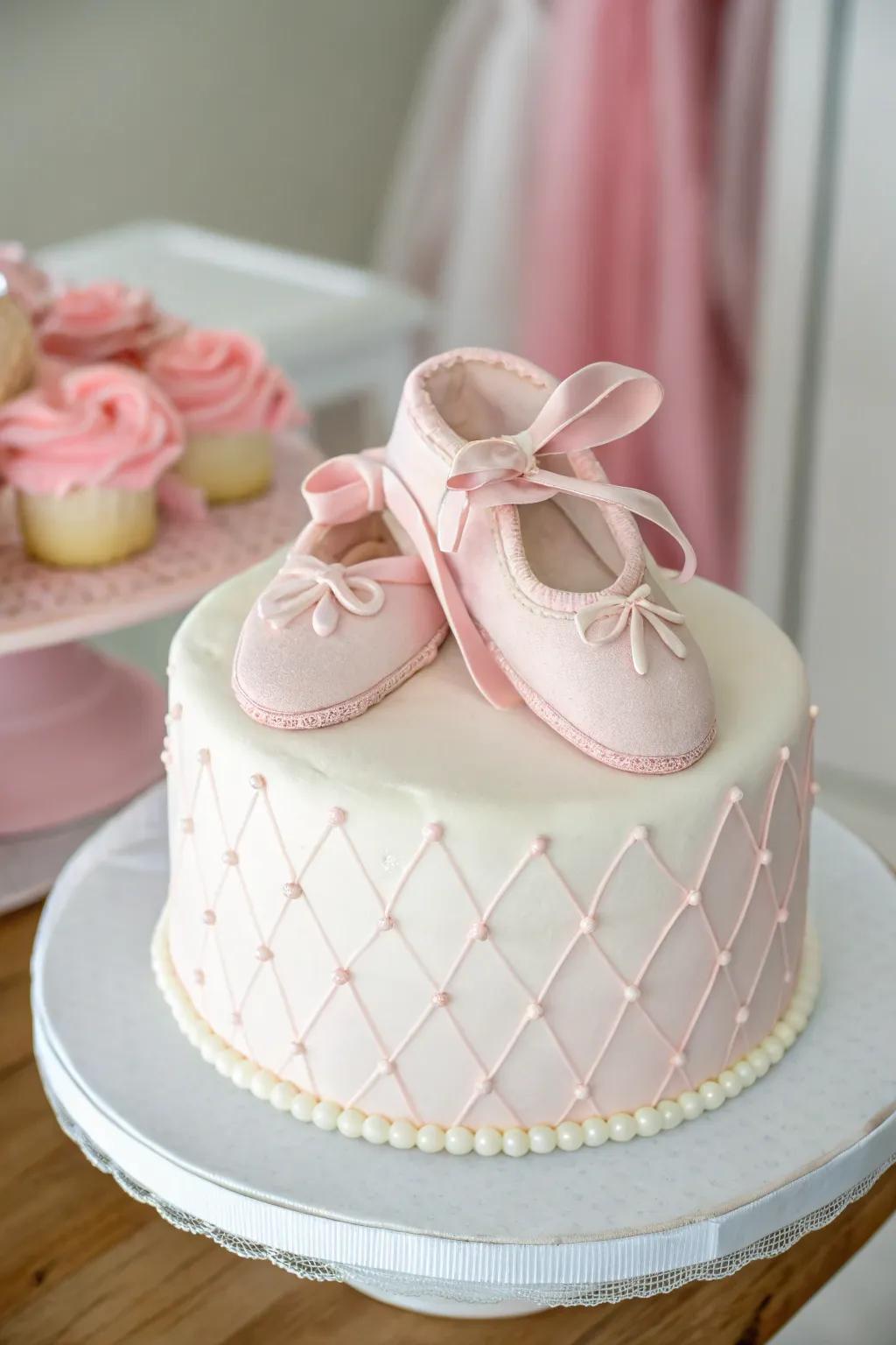 A birthday cake with fondant ballet slippers on top.