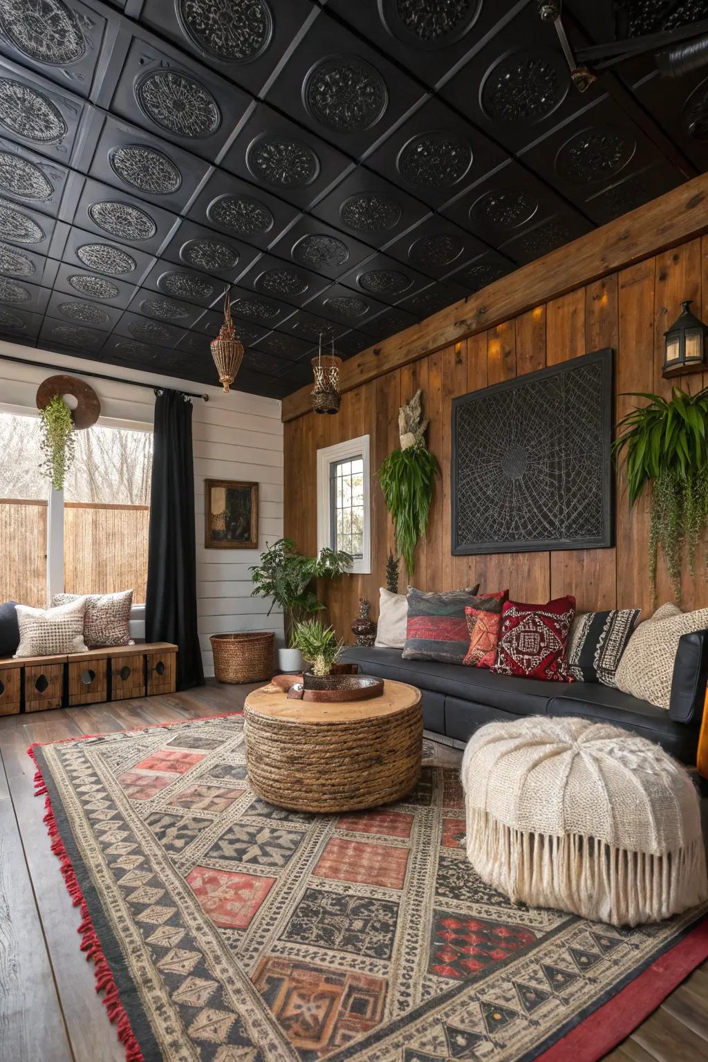 A bohemian room featuring a paneled black ceiling with wooden accents for added texture.