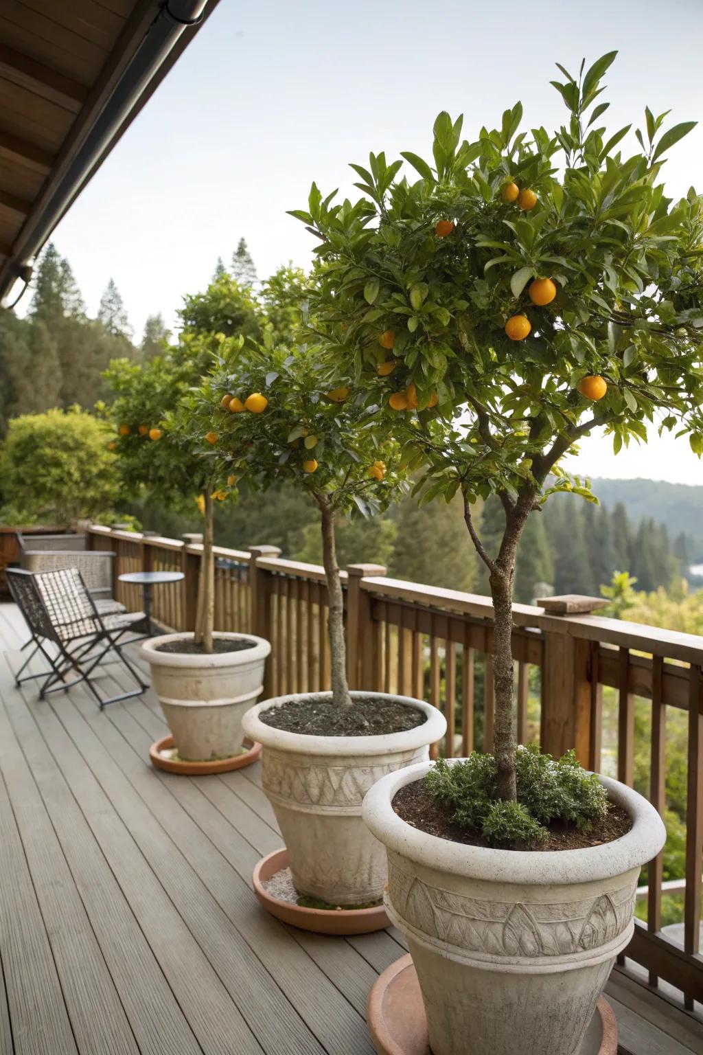 Potted trees offer height and fragrance.