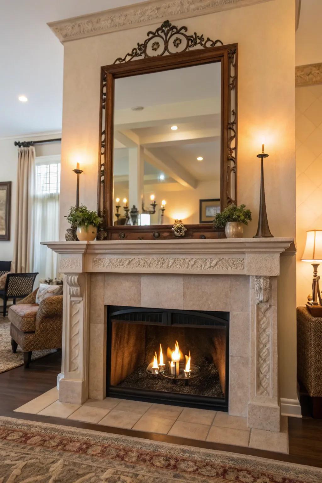 A mirror above the mantel enhances the fireplace's charm.