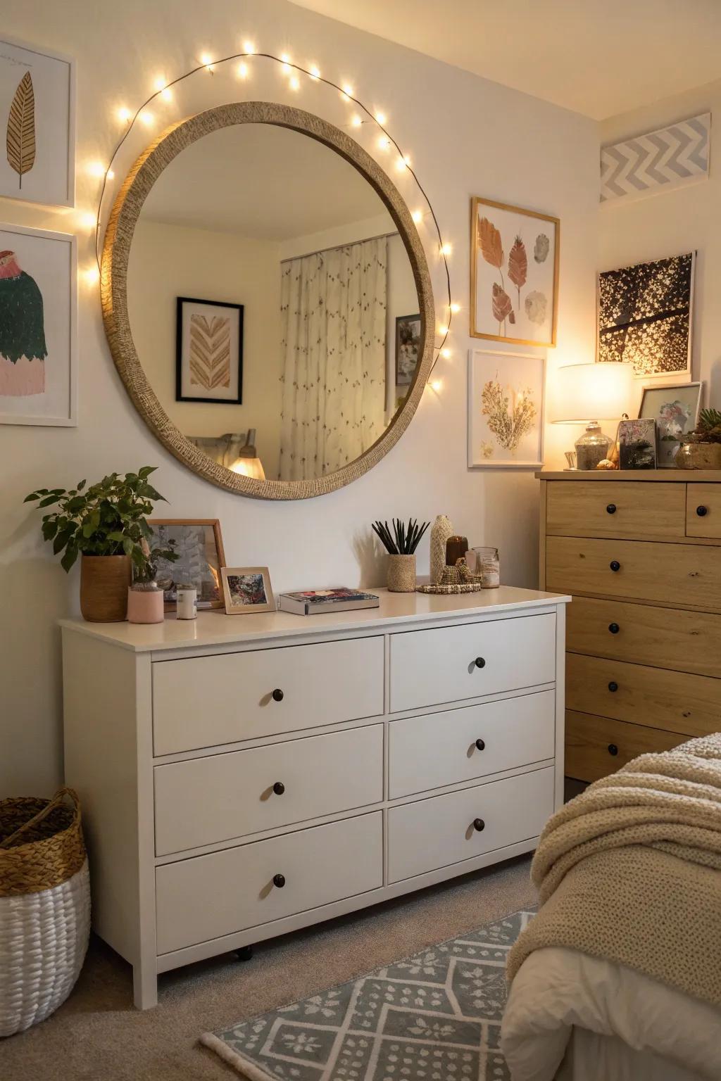 A bedroom mirror that enhances space and style.