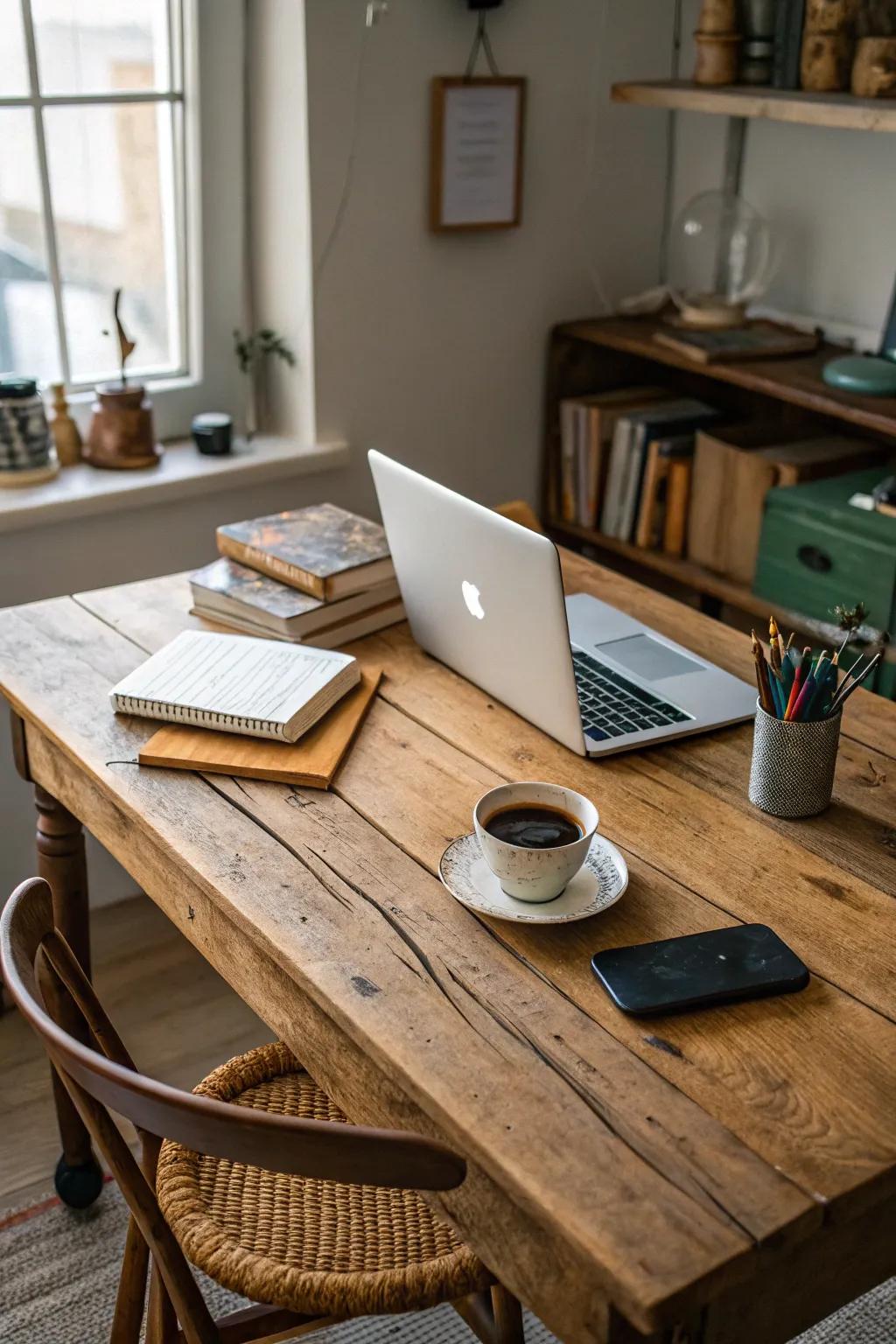 A vintage table repurposed into a charming desk.