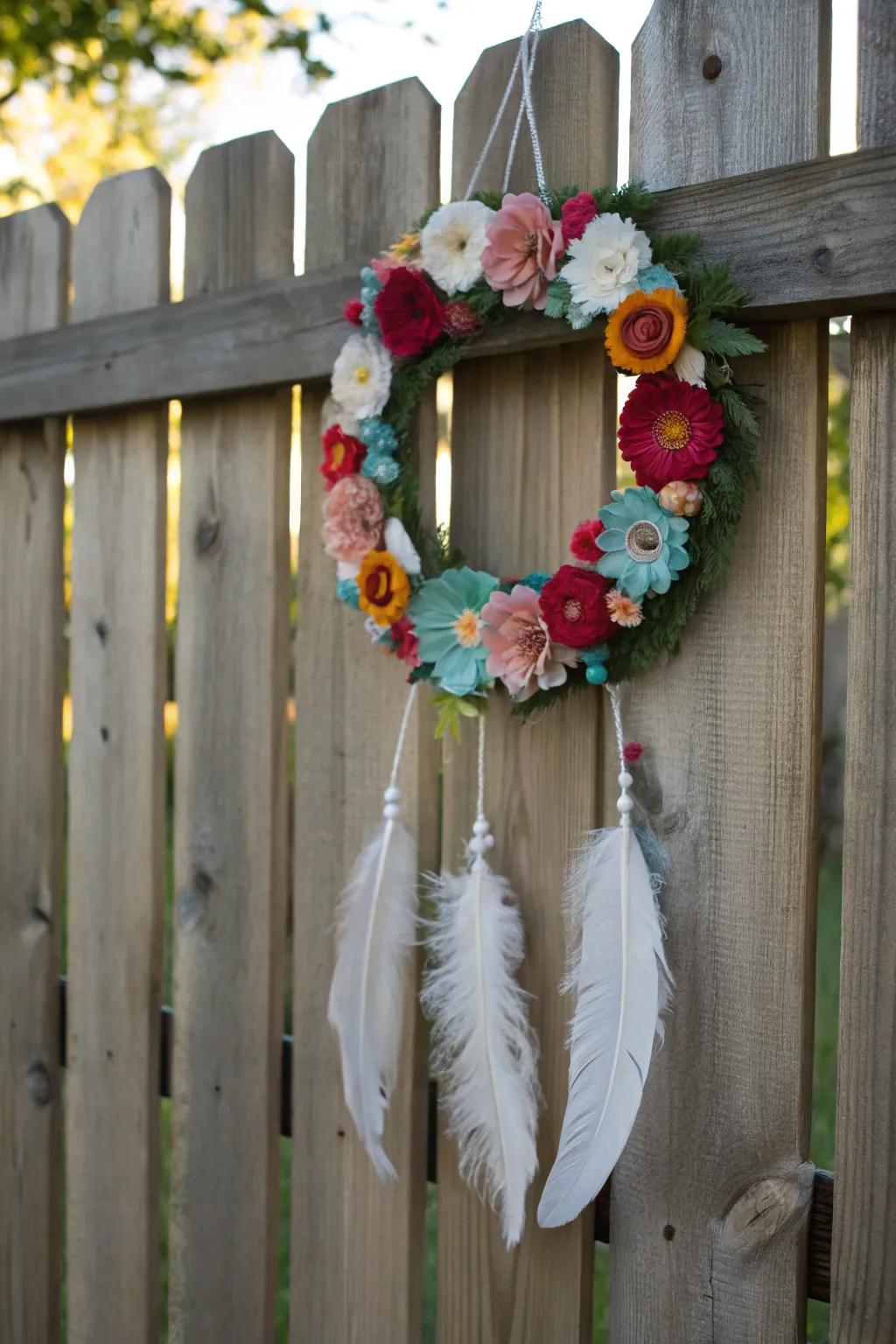 Soft and colorful, a felt flower and feather wreath.