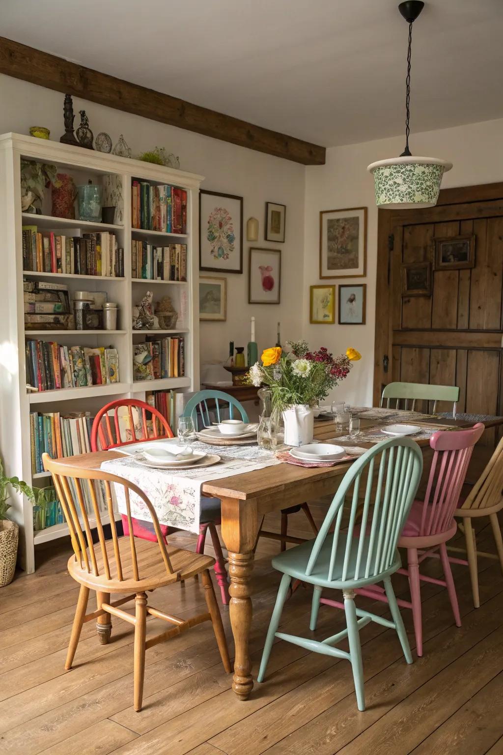 Mismatched chairs add personality and charm to the dining room.