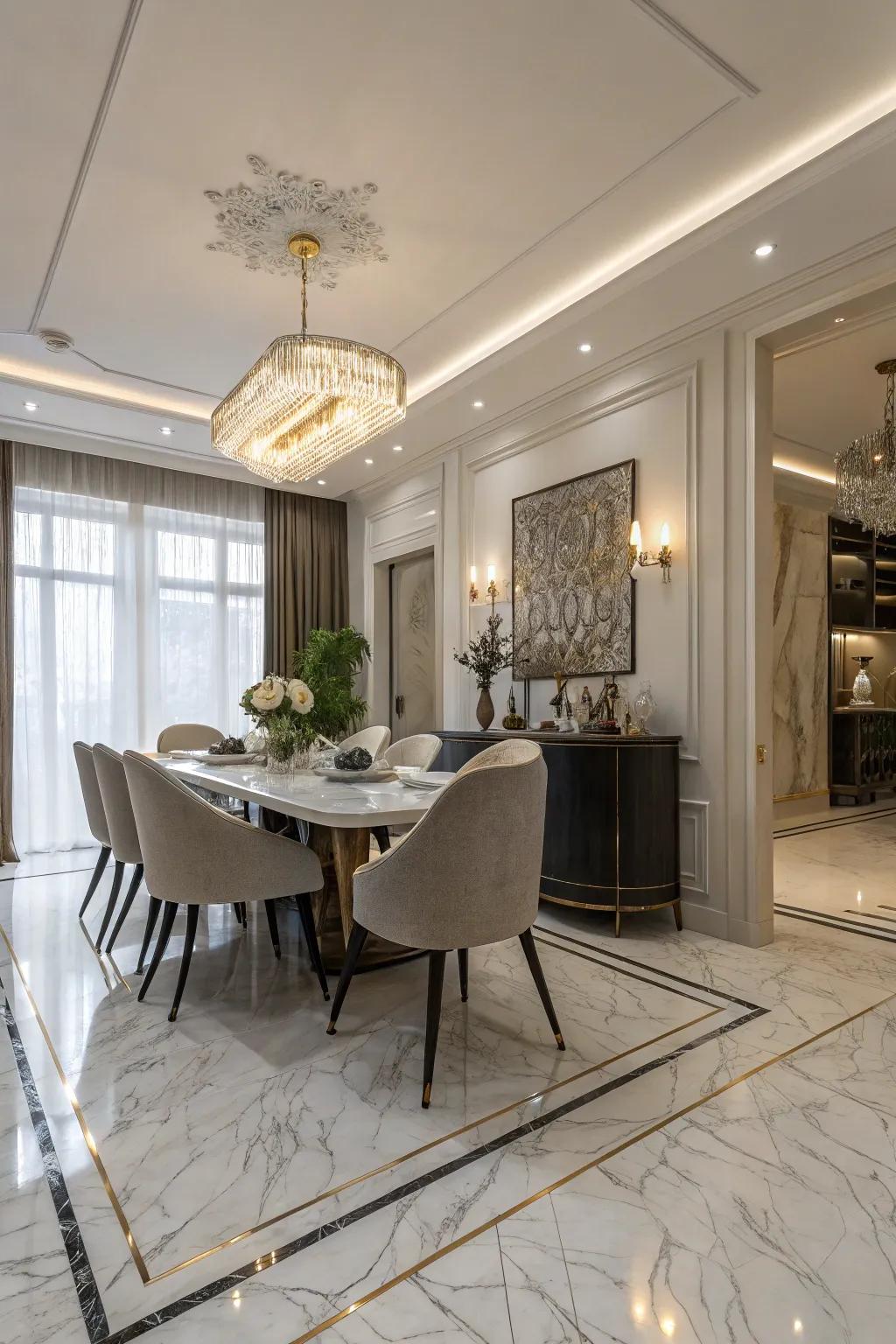 Marble tiles bring a luxurious touch to dining rooms.