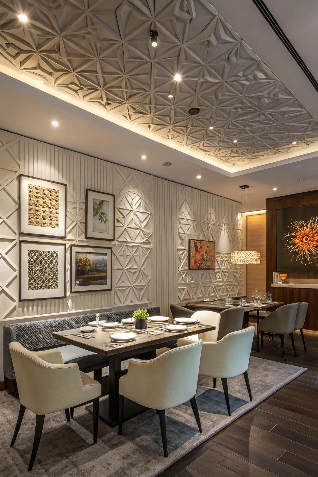 Geometric panels bring a modern edge to this dining room.