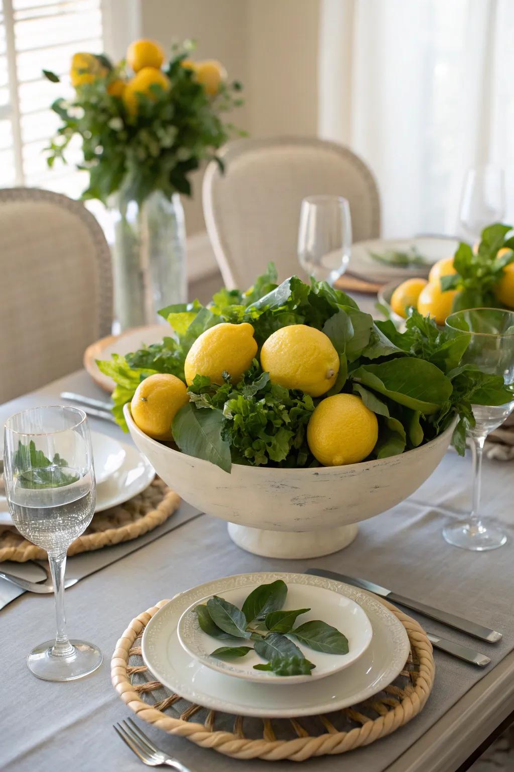 A fresh and colorful centerpiece featuring a bowl of bright lemons paired with leafy greens.