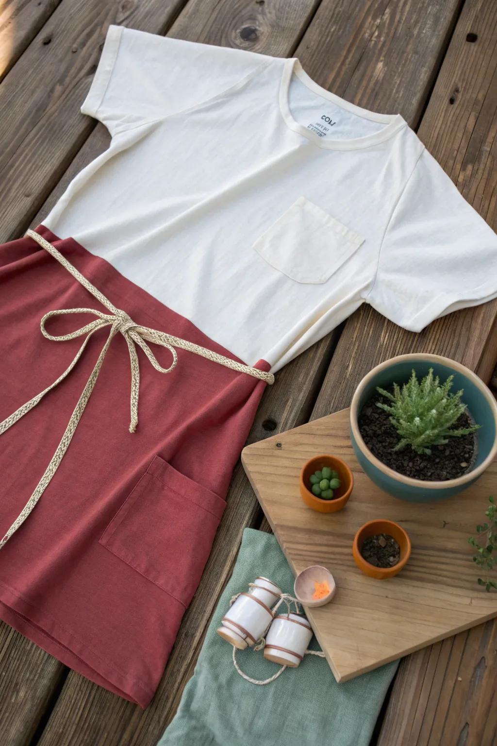 Transform simplicity into style with this no-sew T-shirt apron, perfect for last-minute creativity!