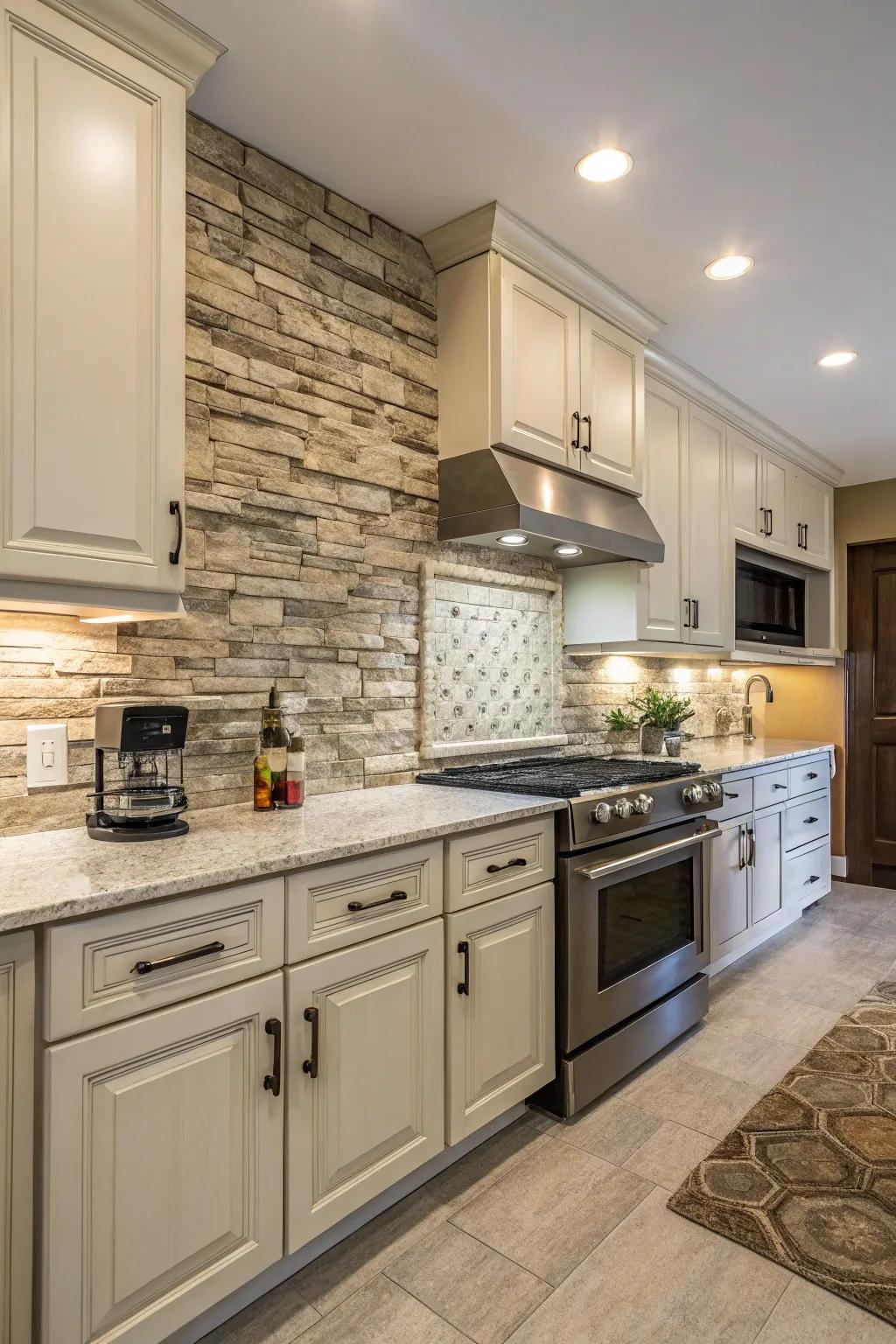 Artificial stone veneer offers a luxurious backsplash option.