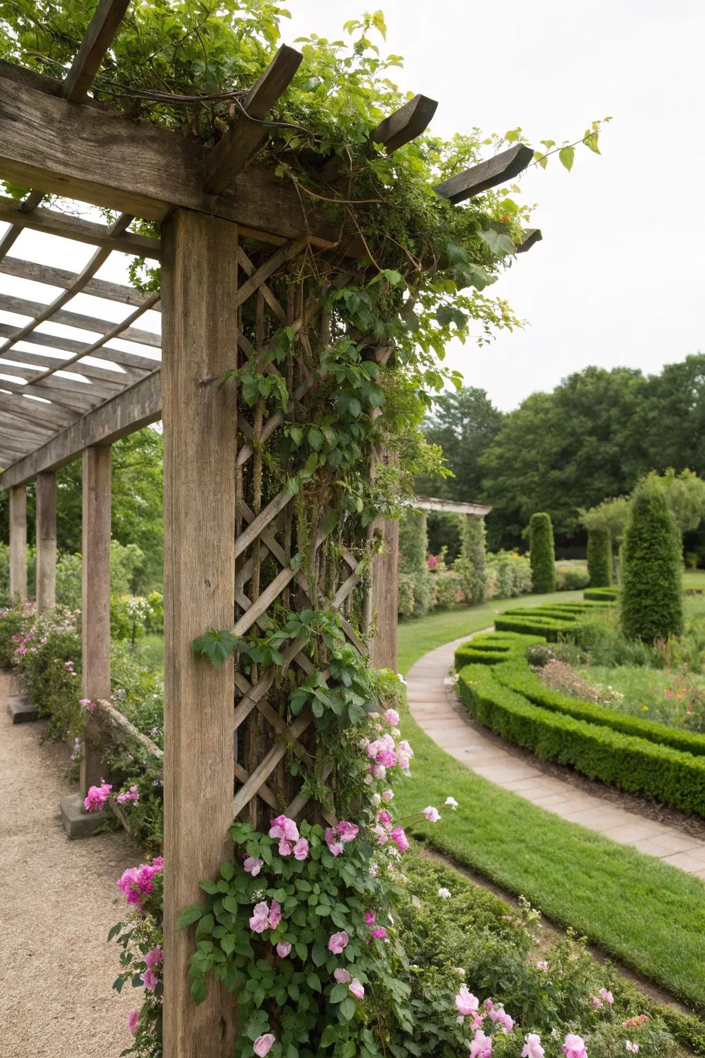 A trellis can add vertical interest and support climbing plants.