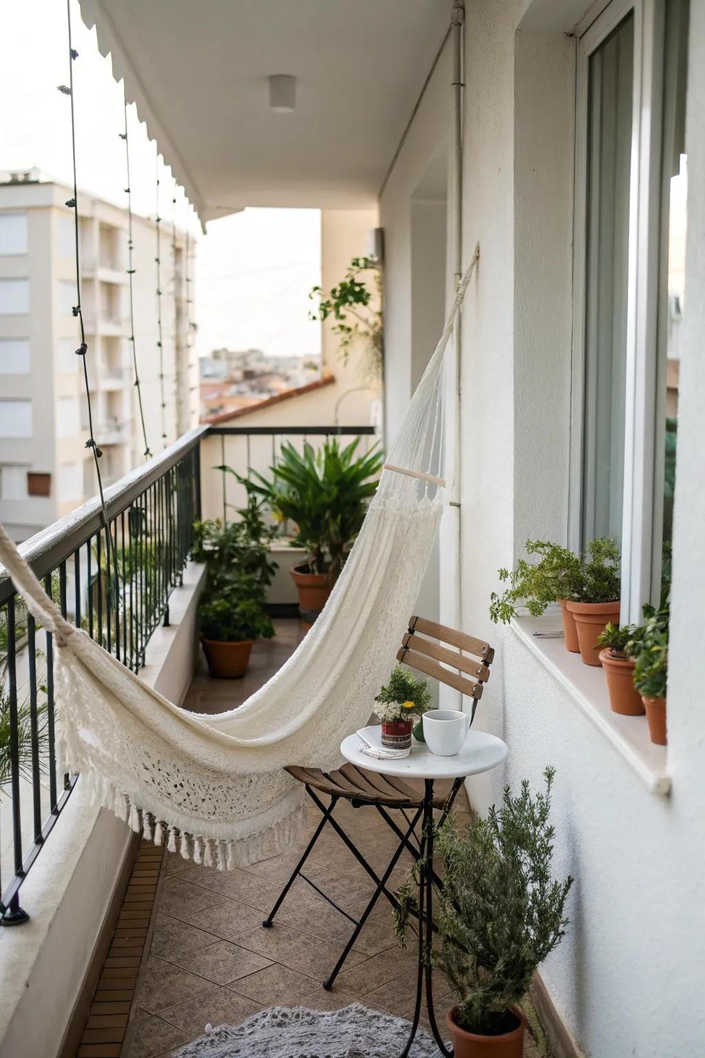 Maximize balcony space with a chic hammock setup.