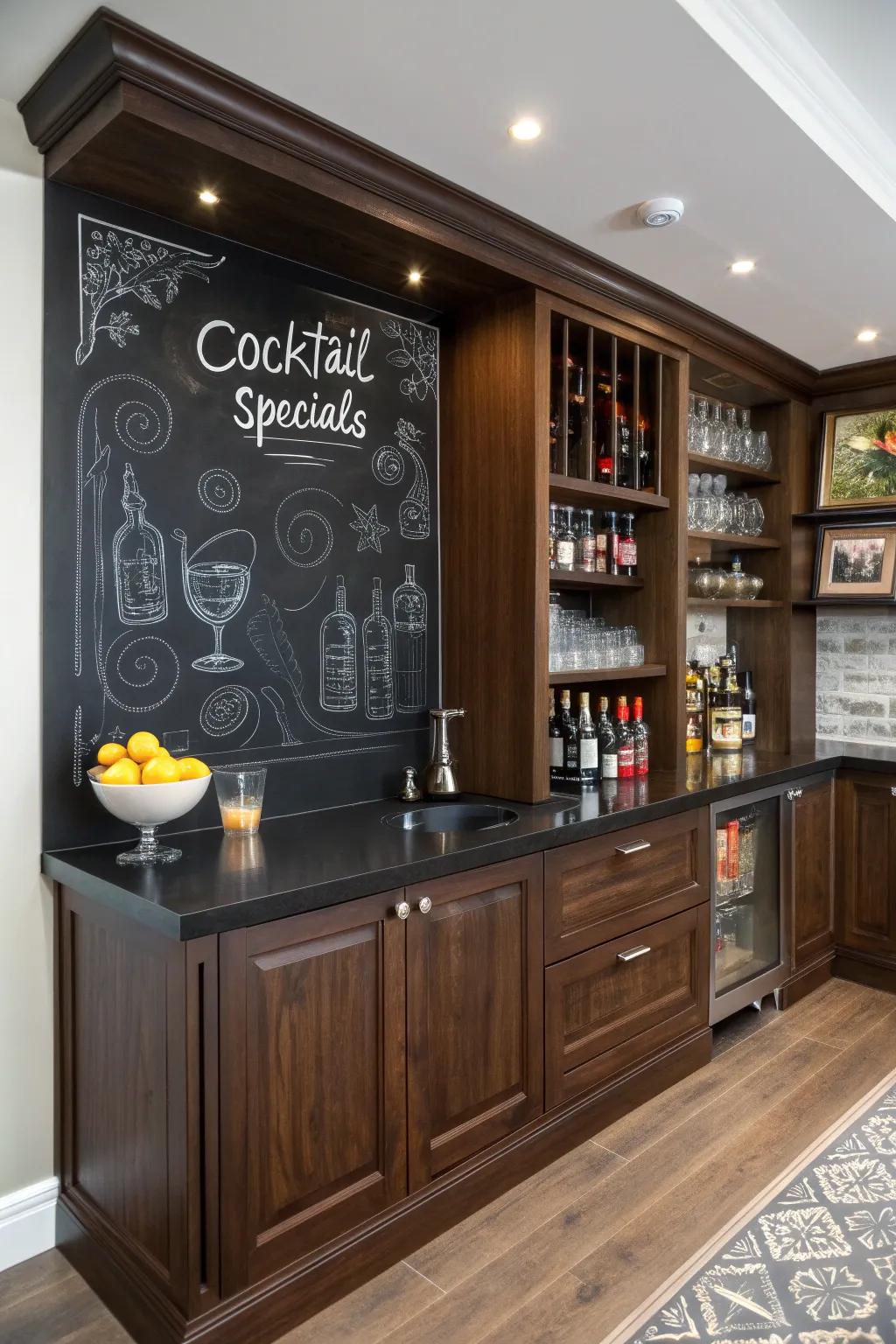 Transform your home bar with a chic chalkboard menu wall, where creativity meets craftsmanship.