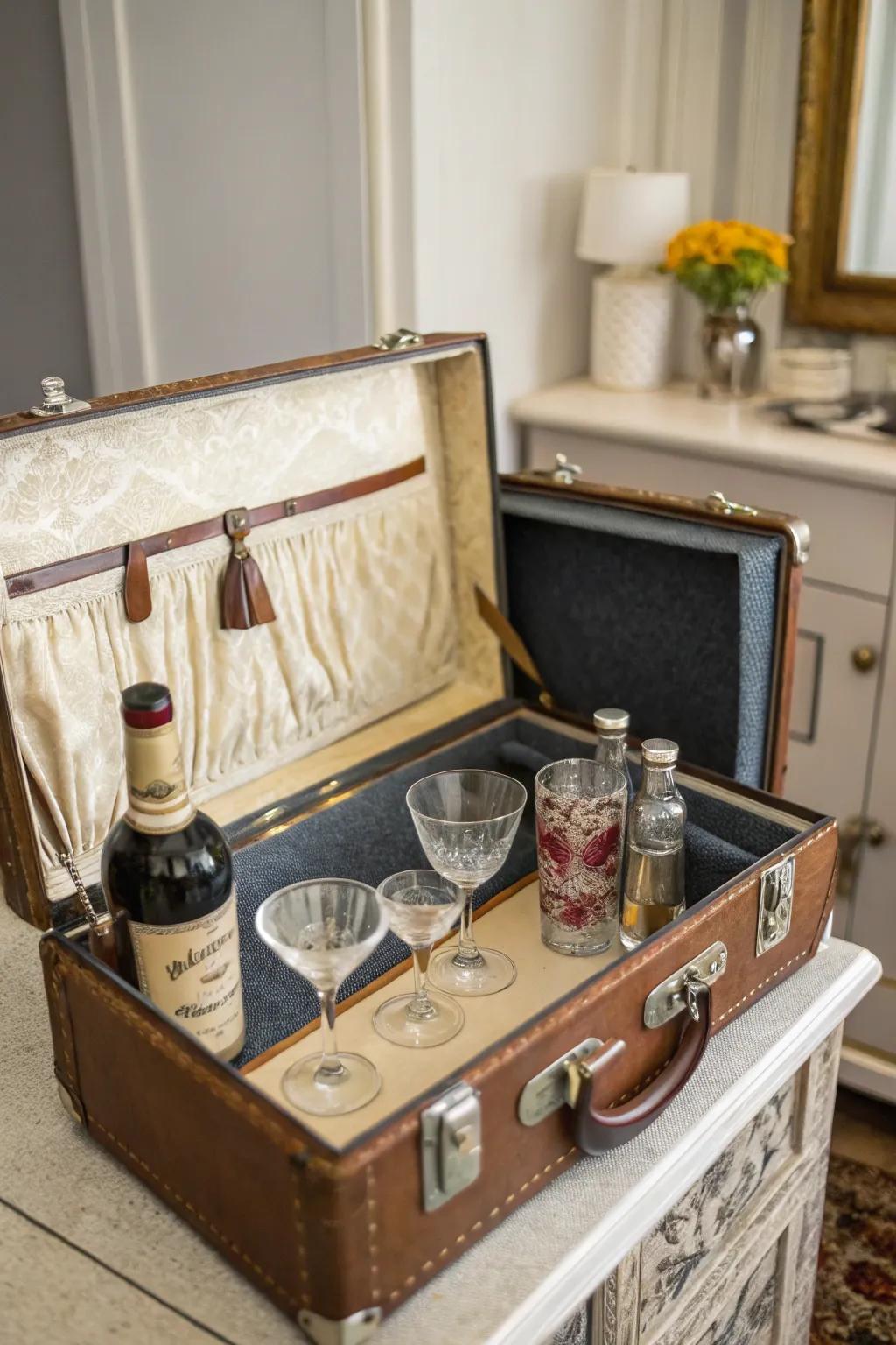 A vintage suitcase bar that adds charm and portability.