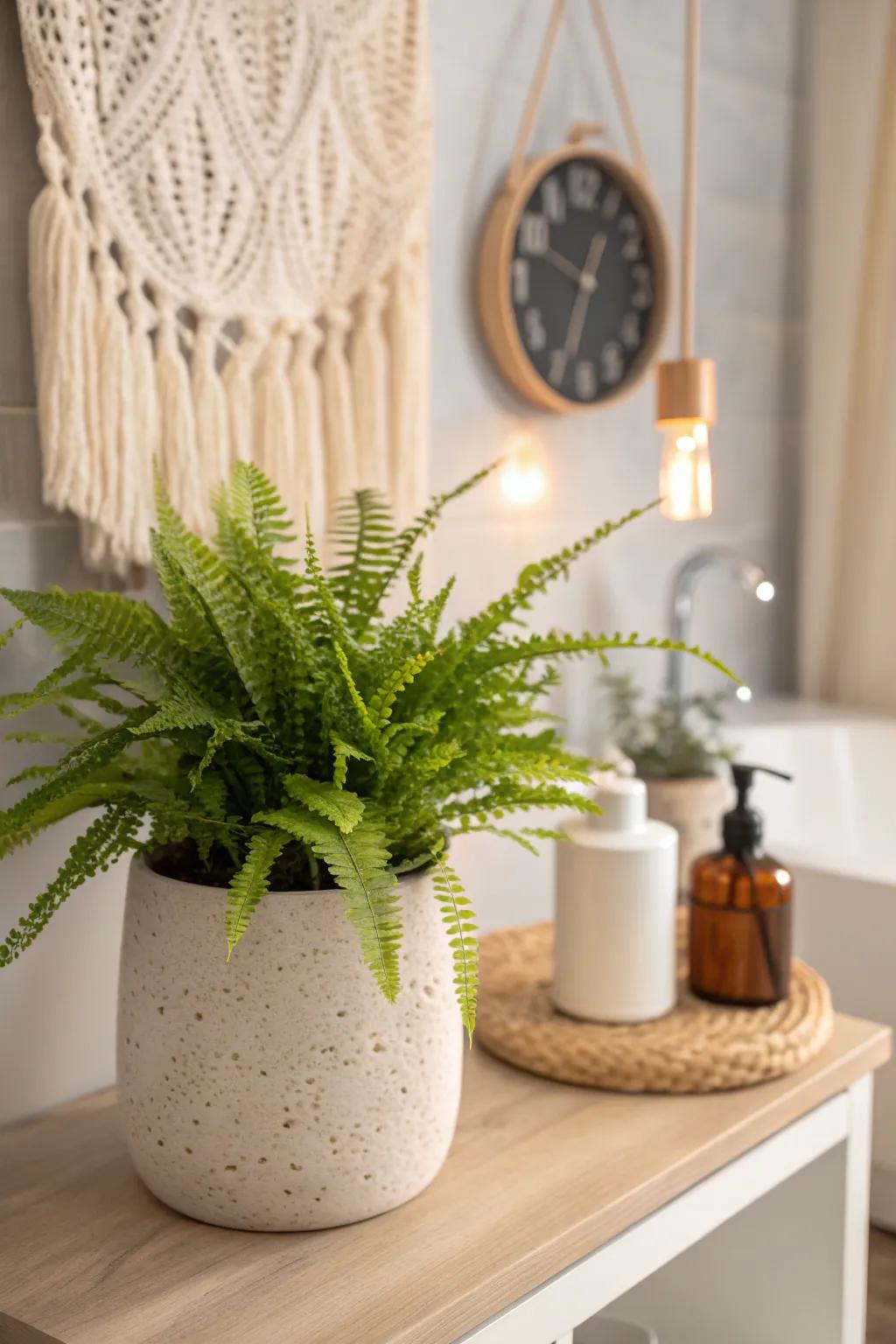Transform your bathroom into a tranquil green oasis with the simple addition of a vibrant fern in a chic ceramic pot.