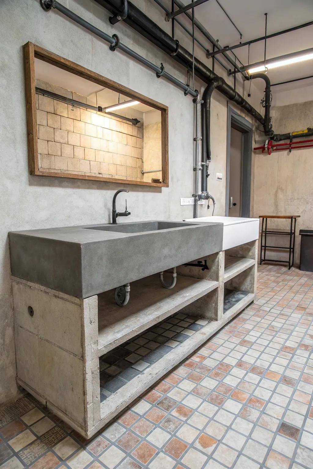 Concrete vanities bring an industrial edge to bathroom designs.