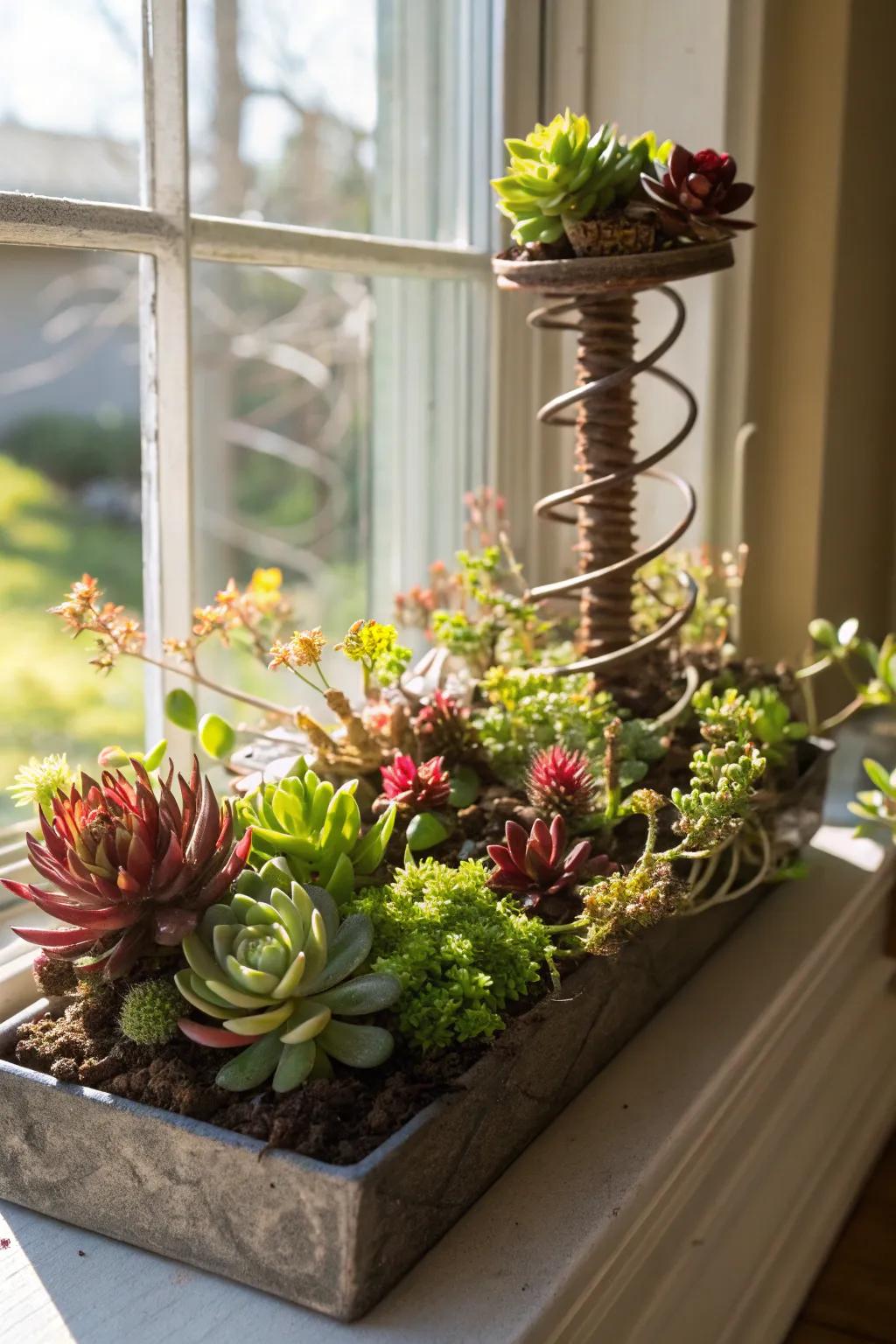 Succulents thriving in a bed spring planter, adding a fresh touch to the home.