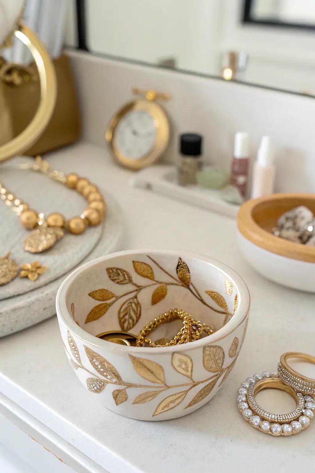 A handmade jewelry bowl with elegant gold leaf details.