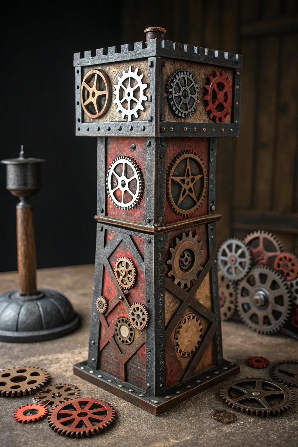 Unleash your imagination with this stunning steampunk dice tower—a perfect blend of fantasy and industrial artistry.