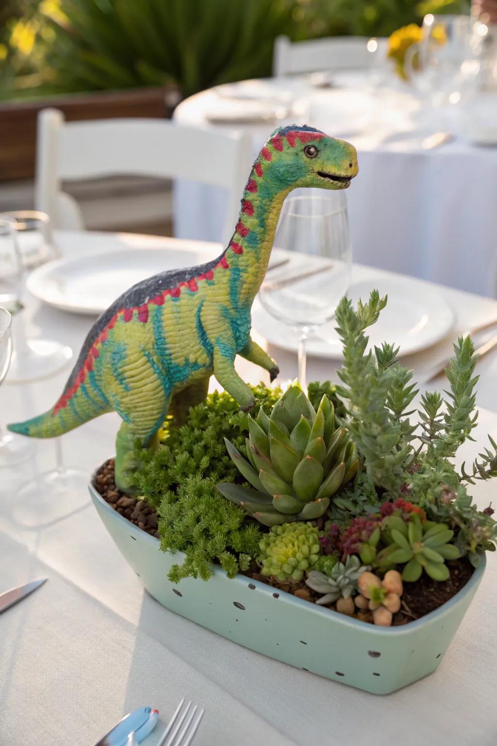 Blend nature and playfulness with a dinosaur planter centerpiece.