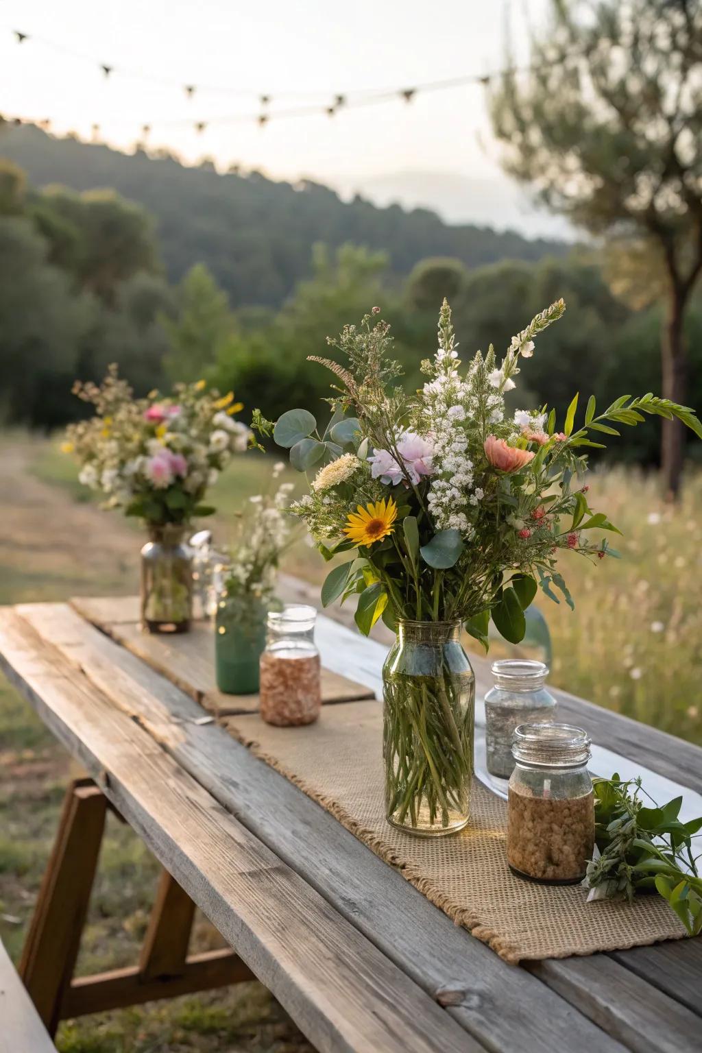 Mason jar flower arrangements that add a rustic charm.