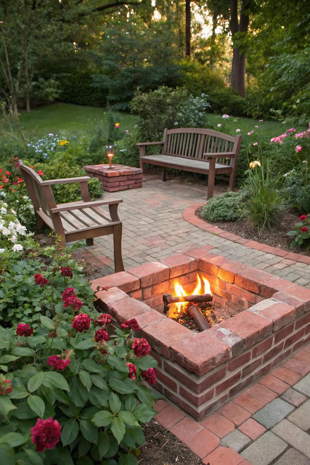 An in-ground brick fire pit blends effortlessly into a garden setting.