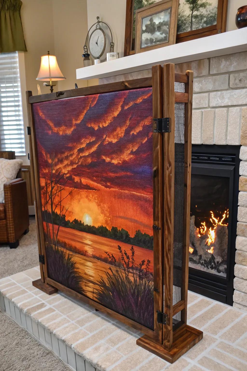 Transform your fireplace with a handcrafted canvas screen that captures the warmth of summer sunsets.