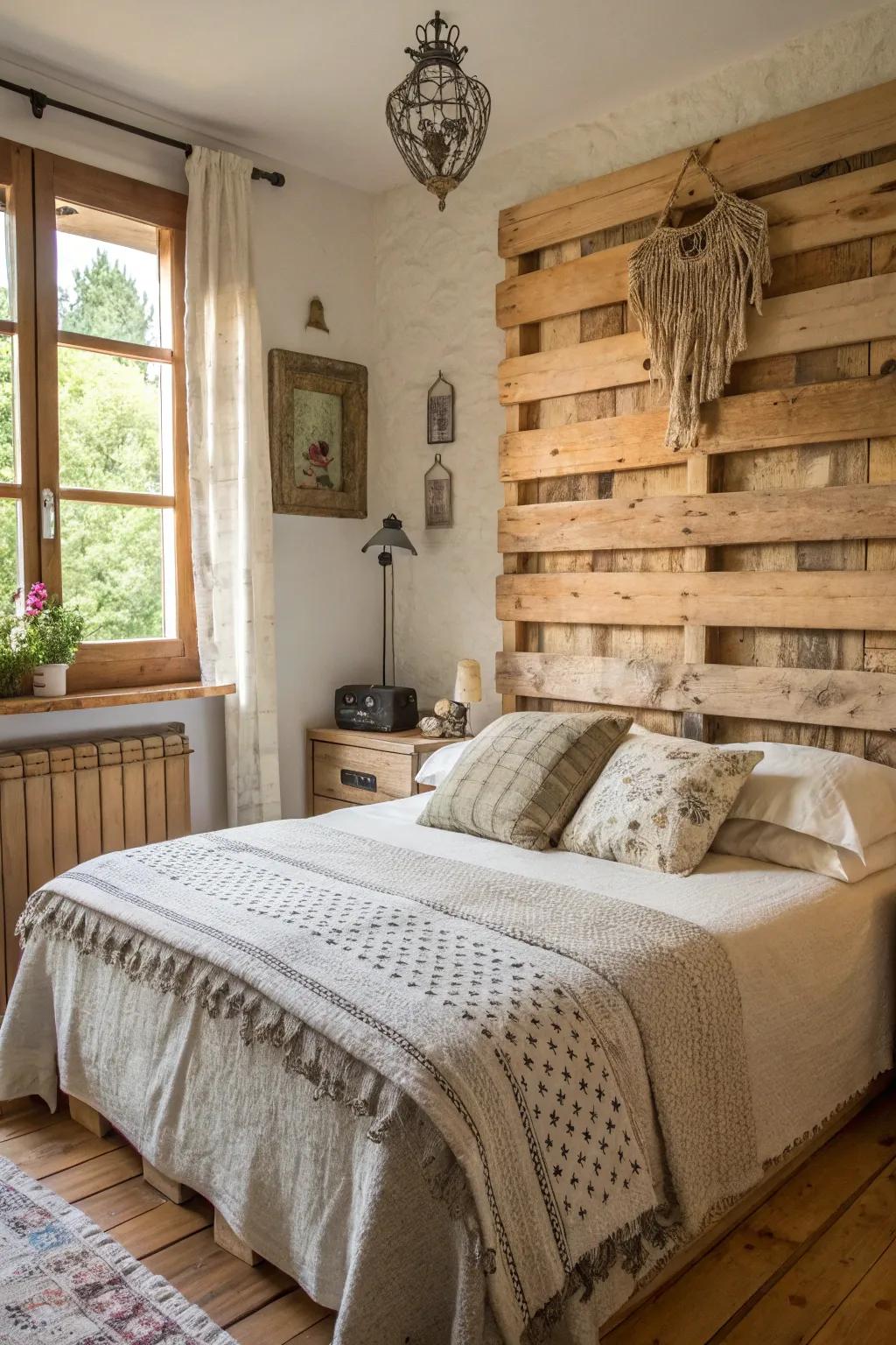 A wooden pallet headboard adds rustic charm to your bedroom.