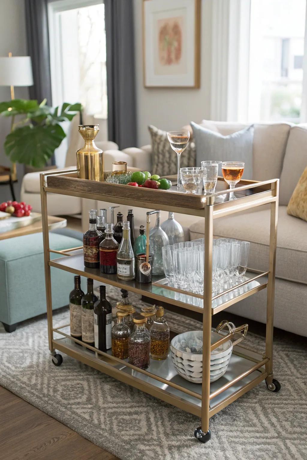 A stylish bar cart on wheels is stocked with drinks and glassware, ready for any gathering.