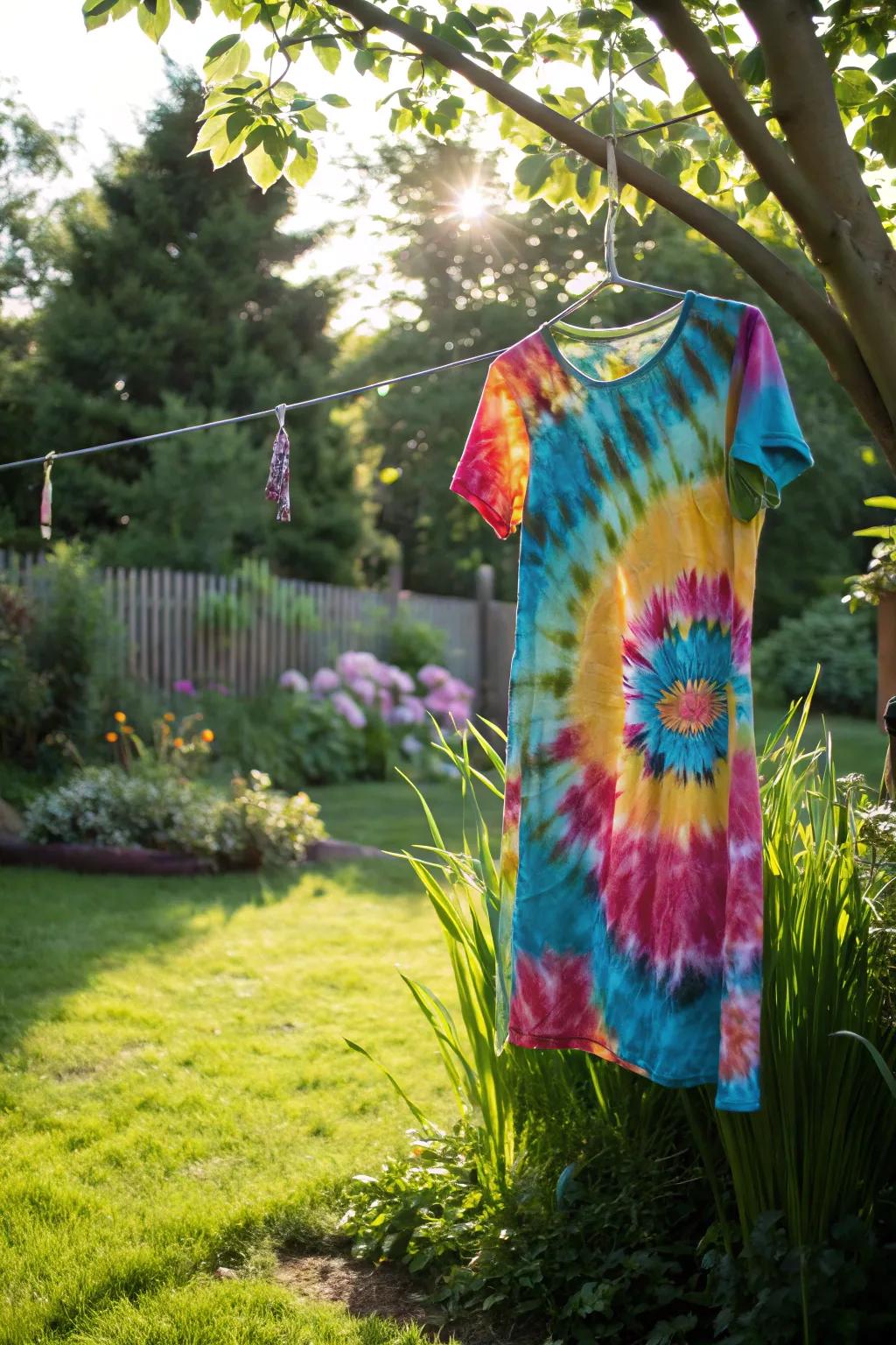 A colorful tie-dye t-shirt dress, perfect for summer festivals.