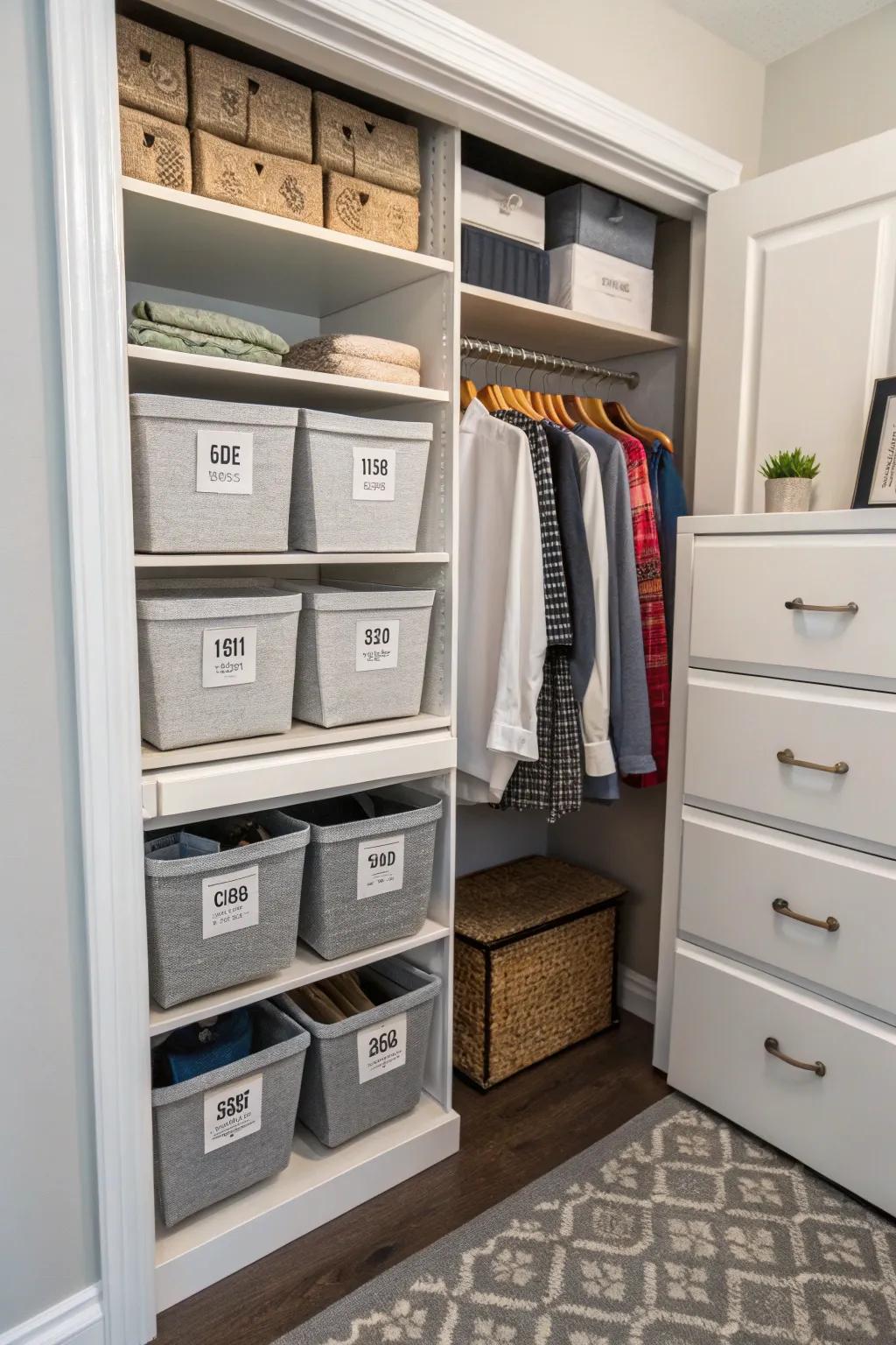 Pull-out bins in a closet provide easy access to stored items.