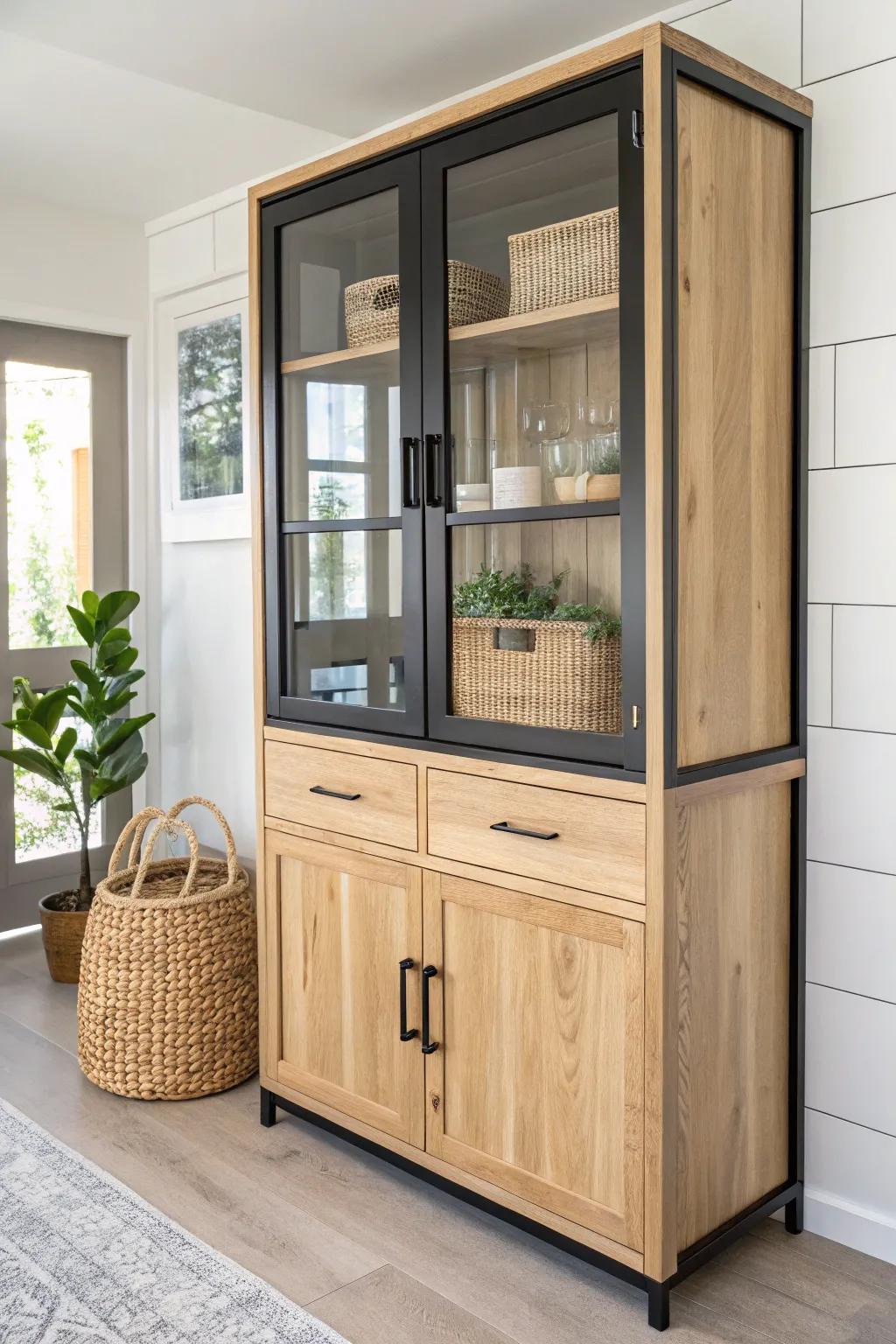 Elevate your kitchen with a chic mixed-material hutch that blends industrial and cozy vibes effortlessly.
