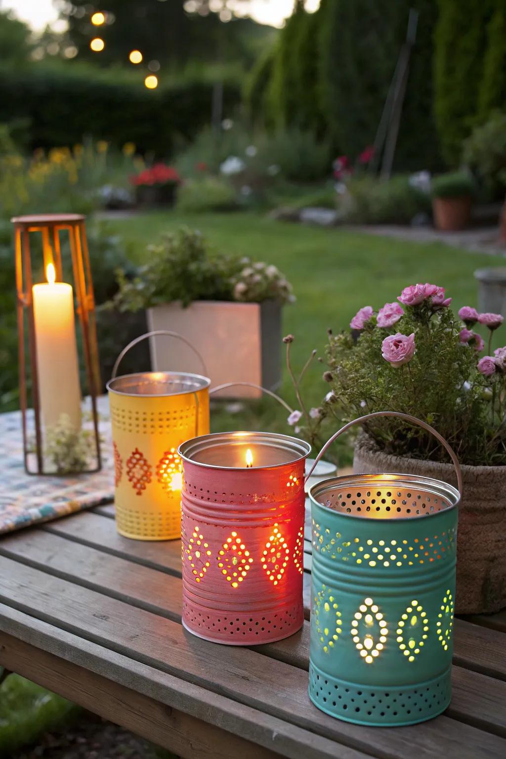 Tin can lanterns bring rustic flair to your garden.