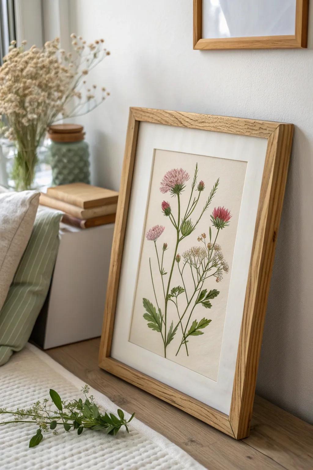 Embrace nature's elegance with pressed wildflower art for a stunning minimalist touch.