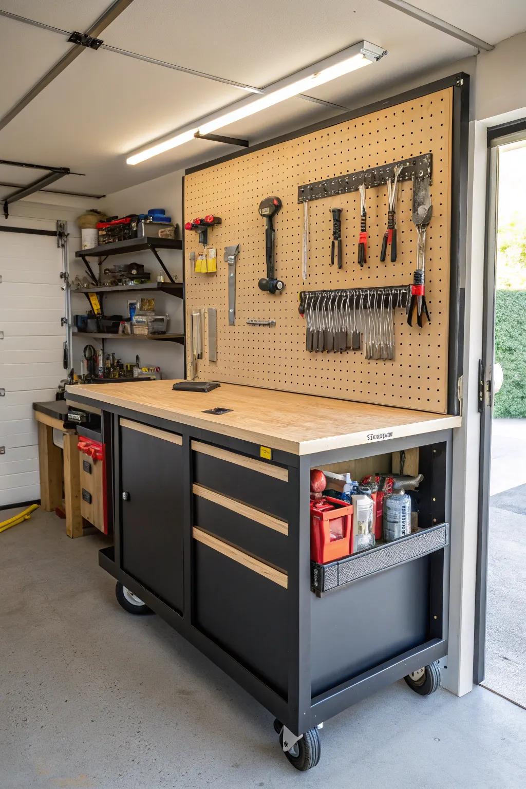 A pegboard side keeps your tools organized and within reach.