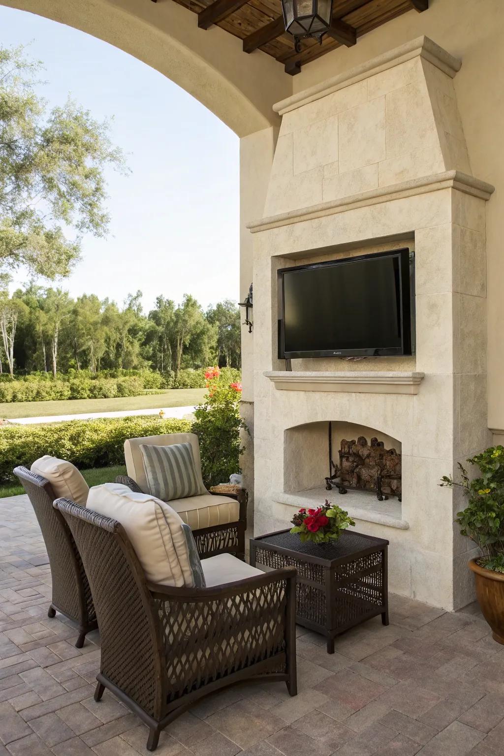 A wall niche provides protection and style for your outdoor TV setup.