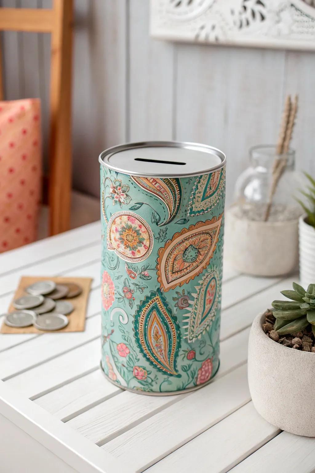 Transform an ordinary tin can into a chic piggy bank with a touch of boho flair!