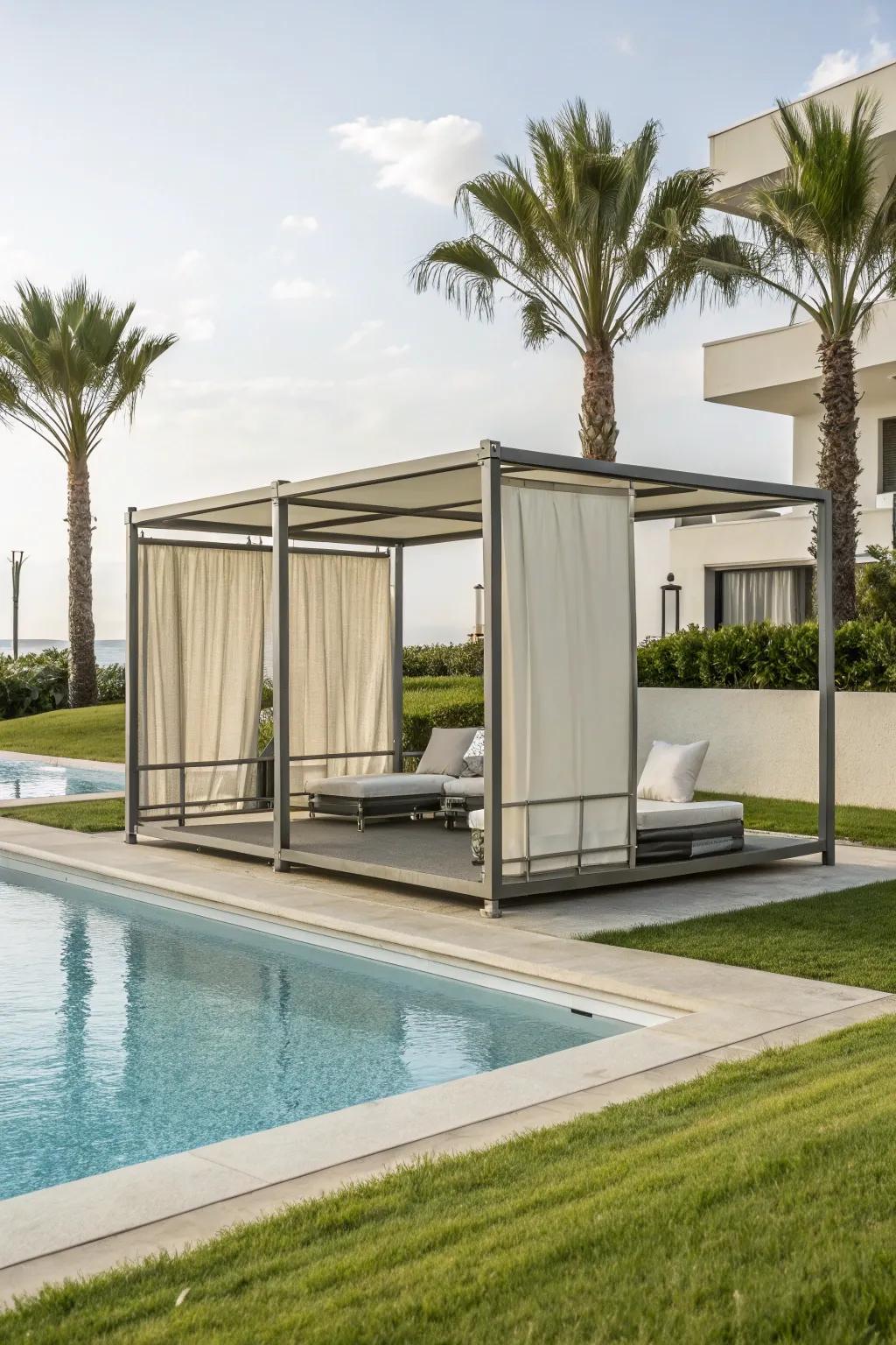 A minimalist cabana brings sleek and modern aesthetics to your poolside.