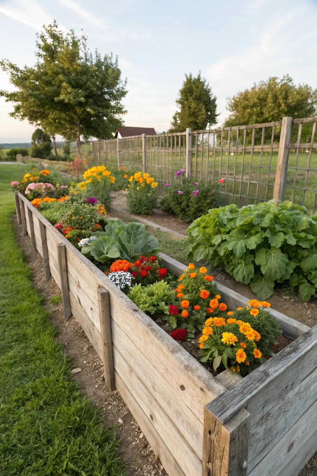 A raised garden bed crafted from repurposed fencing wood.