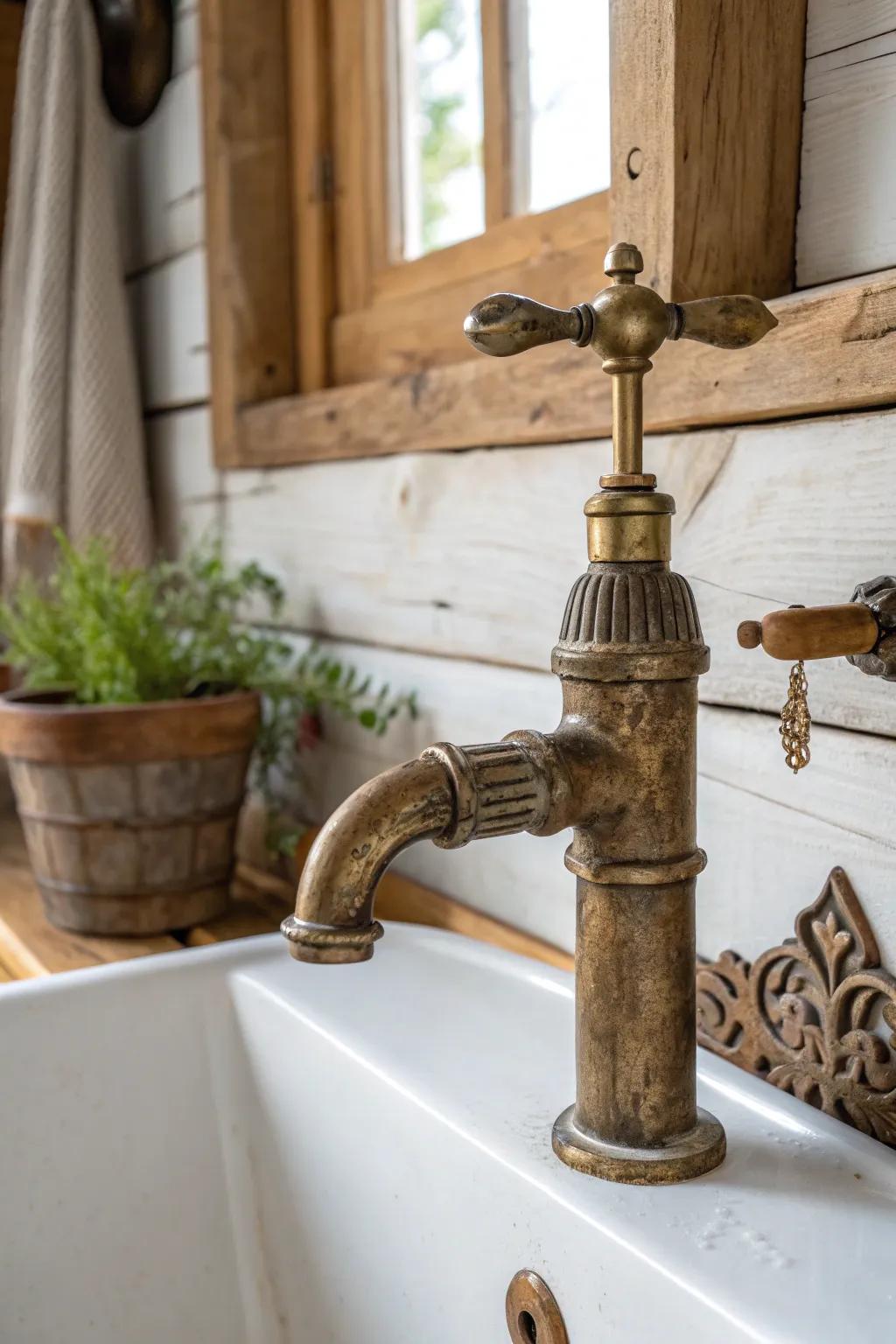 Add a touch of vintage charm to your bathroom with elegant brass fixtures. #RusticElegance #FarmhouseStyle