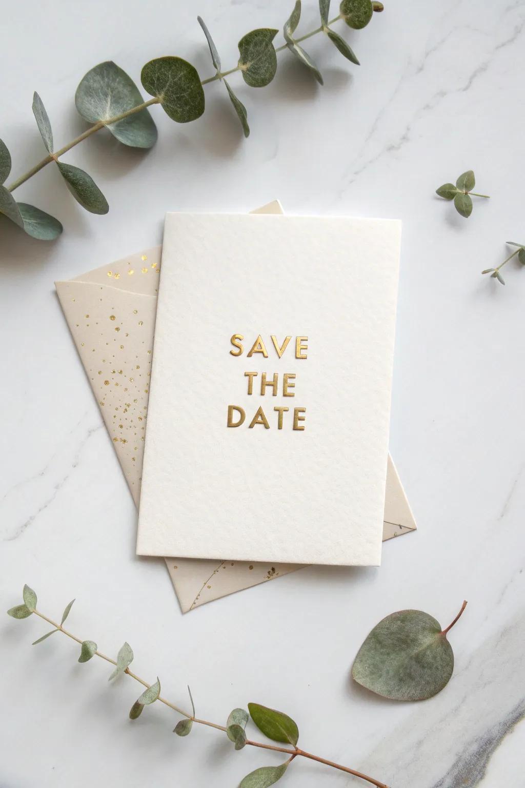 Add a touch of magic to your 'save the dates' with shimmering gold foil accents that captivate and charm.