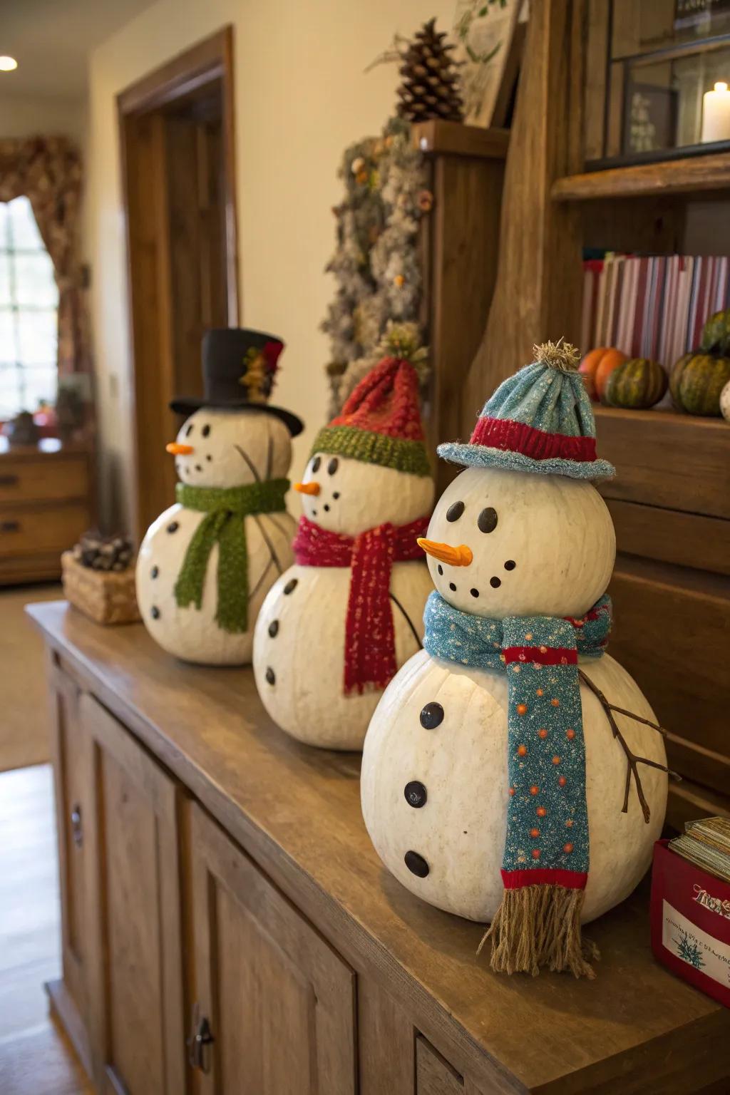 Quirky and natural, these gourd snowmen add personality to any decor.