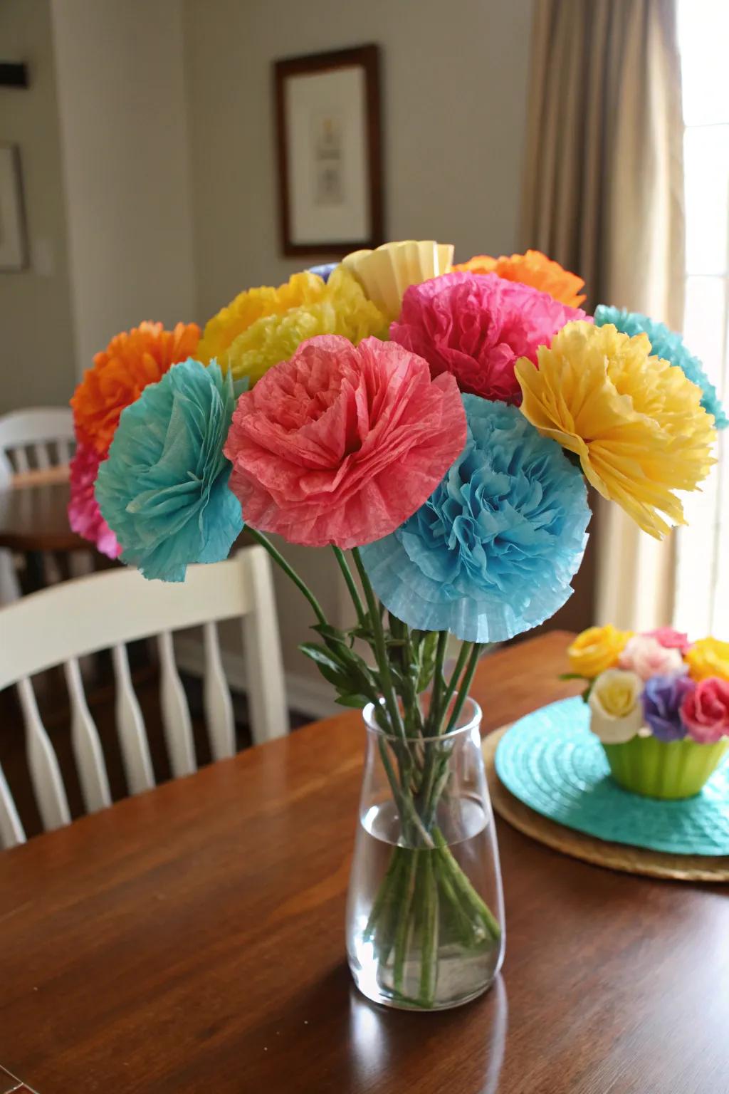 Handmade coffee filter flowers brighten up any table setting.