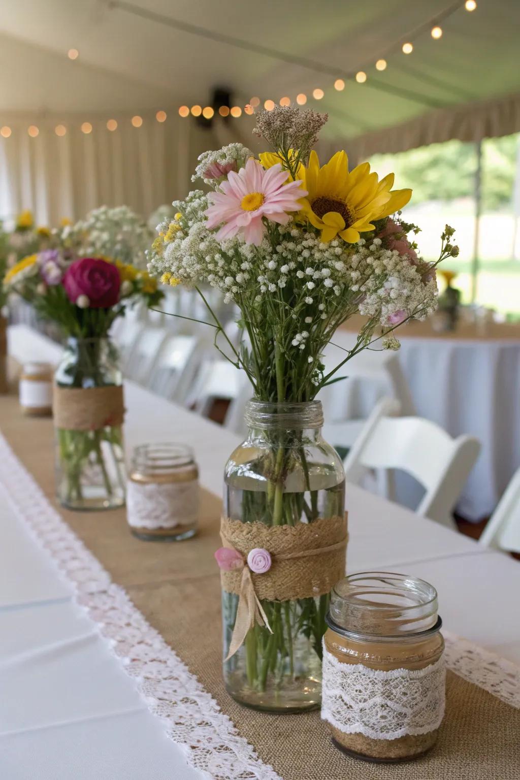 Mason jars with wildflowers offer rustic charm to any celebration.