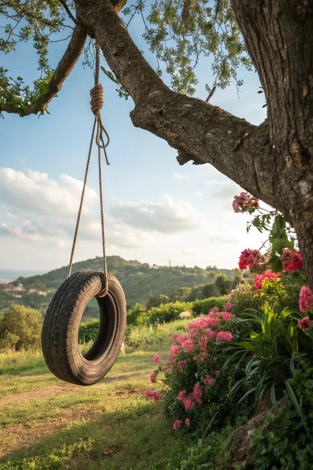 A vintage tire swing, adding a touch of nostalgia to the backyard.