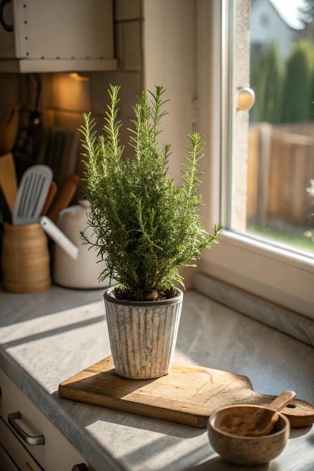 A miniature herb topiary bringing freshness and aroma to a kitchen windowsill.