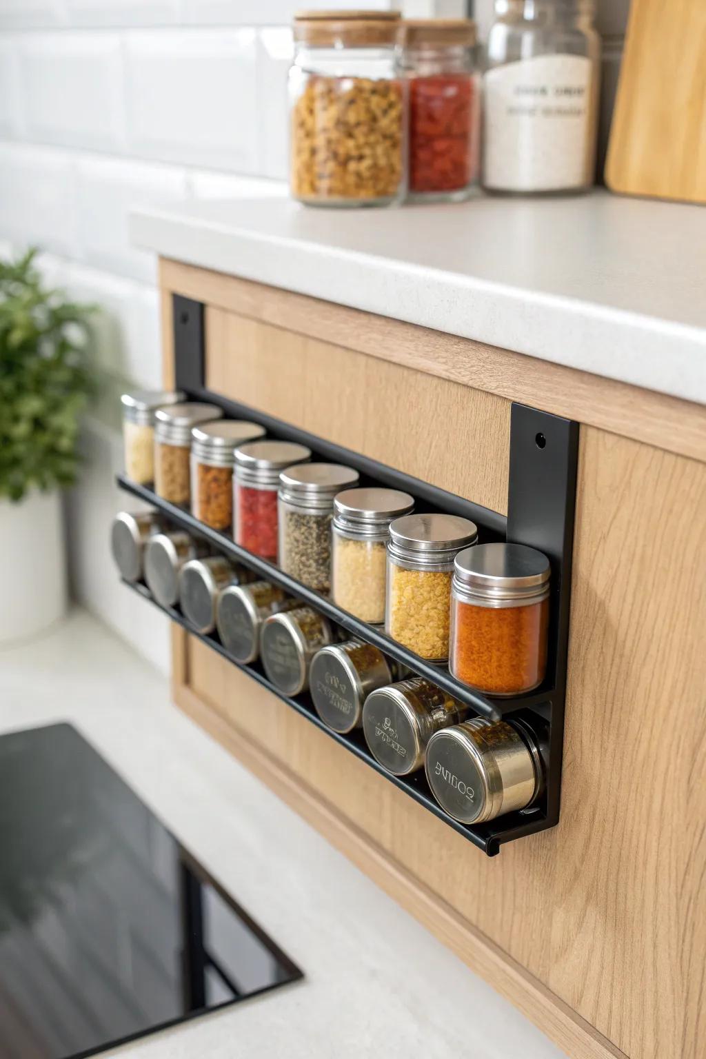 Transform your kitchen with a chic magnetic spice rack—where functionality meets style in minimalistic elegance.